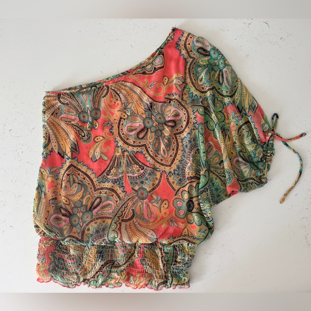 Studio Y Coral Blouse with Multicolor Trim